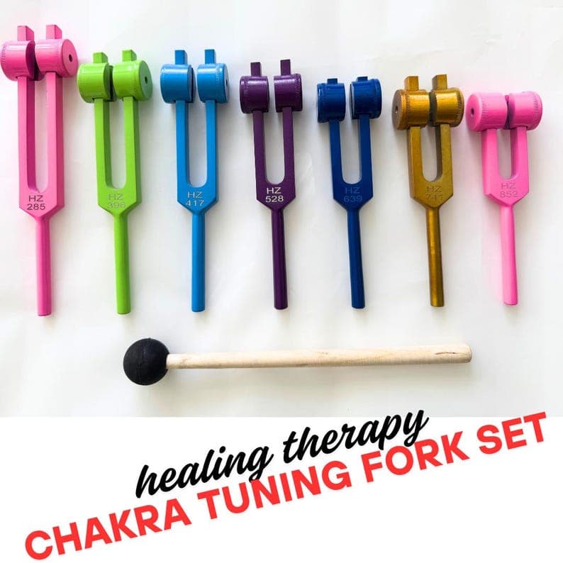 Chakra tuning forks with silicone striker and pouch